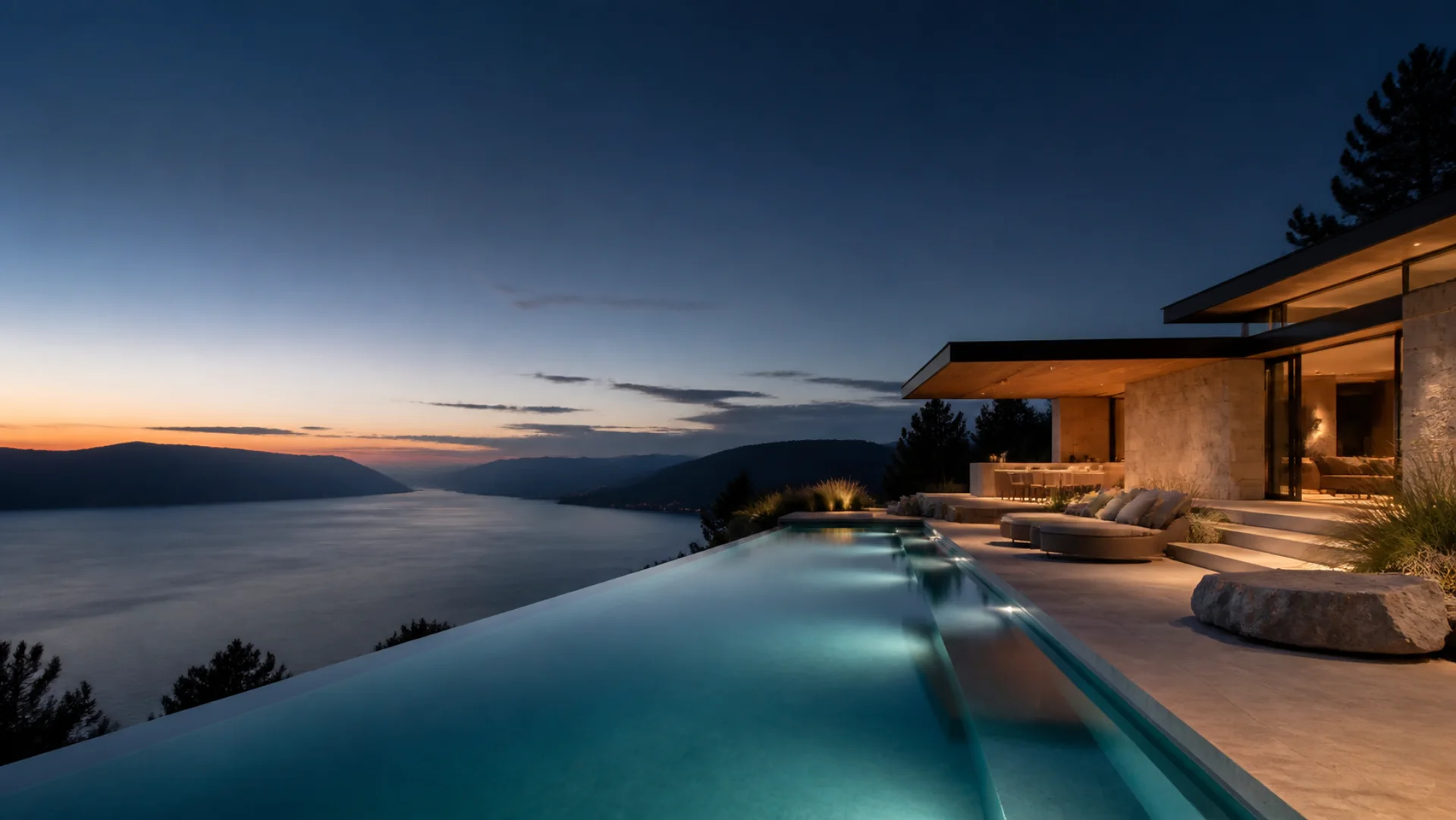 AI concept visualization of an infinity pool overlooking Okanagan Lake at blue hour
